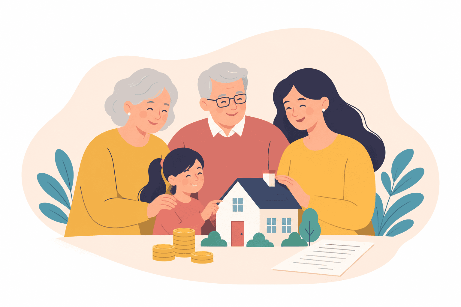 Family legacy beside a home Three generations of a family with a model home and savings, representing inheritance tax planning.