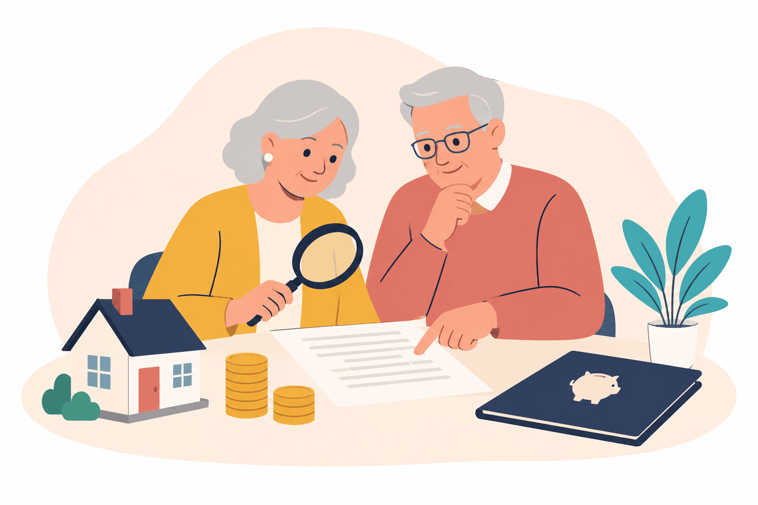 A couple reviewing their finances alongside a model home, savings and pension documents, illustrating a fresh look at Inheritance Tax.